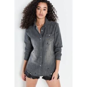 🆕 LISA TODD |  Nightgaze Button Down Embroidered Shirt in Black Denim | Large